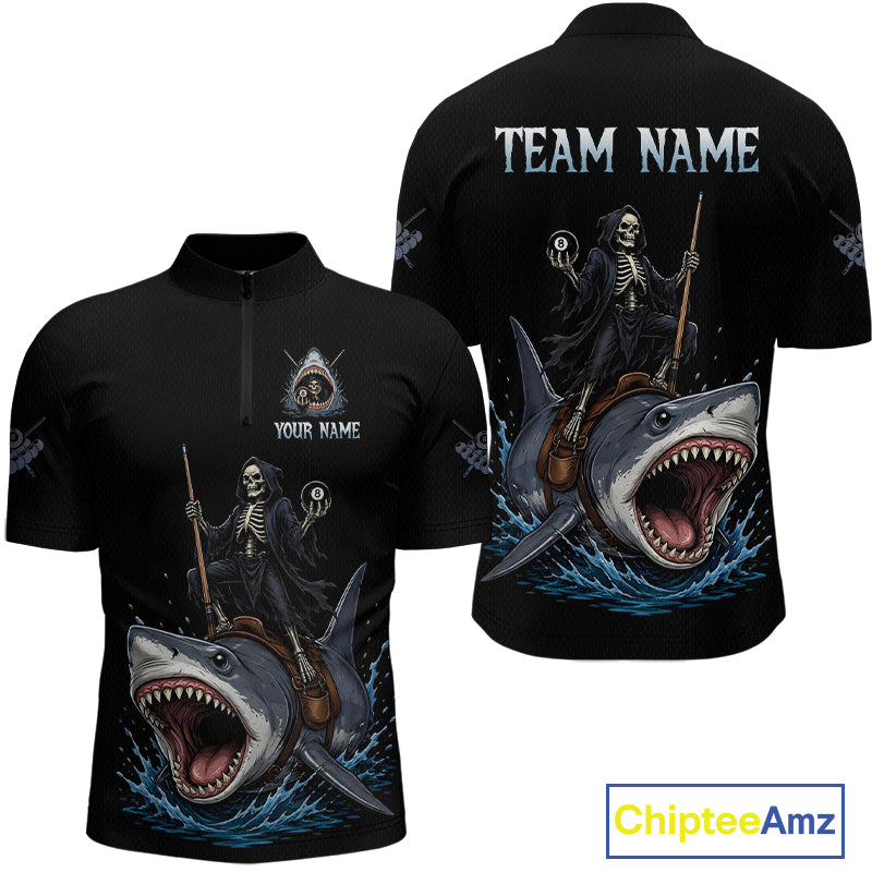 Black polo shirt with skeleton and shark design on a white background