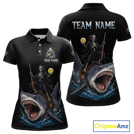 Black polo shirt with skeleton and shark design, customizable text on a white background