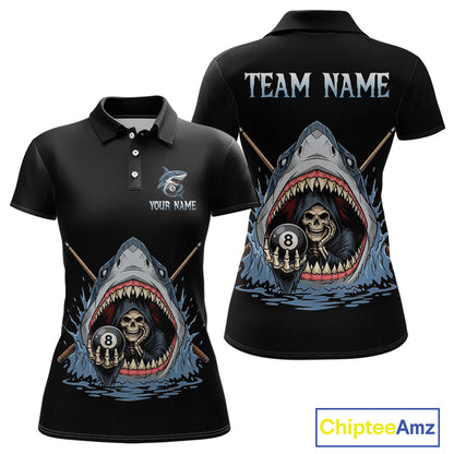 Black polo shirt with shark and skeleton design on front and back, featuring 'Chiptee Amz' branding.