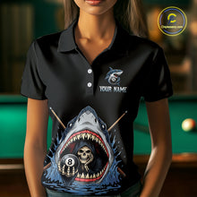 Load image into Gallery viewer, Black polo shirt with a shark and skull design in front of a pool table.