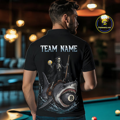 Man wearing a black t-shirt with a graphic design and 'TEAM NAME' text, set against a pool table background.
