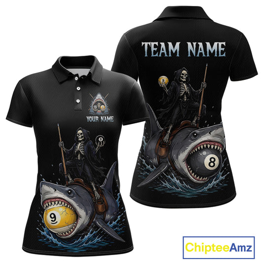 Black polo shirt with skeleton design and pool ball elements, featuring 'Team Name' and 'Your Name' text on a white background.