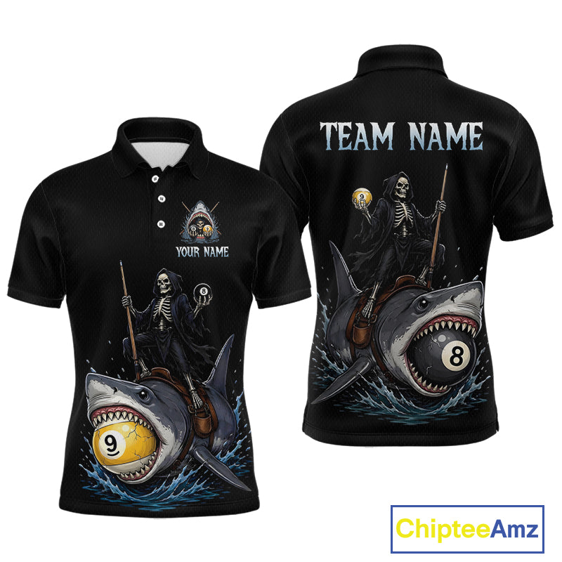 Black polo shirt with skeleton design and shark graphic on a white background