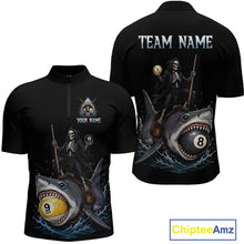 Load image into Gallery viewer, Black polo shirt with skeleton design and shark graphics on a white background
