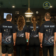 Load image into Gallery viewer, Four people wearing black shirts with a team name design, standing in a room with a pool table.