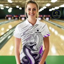 Load image into Gallery viewer, Woman wearing a bowling shirt with snake design in a bowling alley