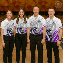 Load image into Gallery viewer, Four people wearing matching bowling shirts with snake designs on a bowling alley.