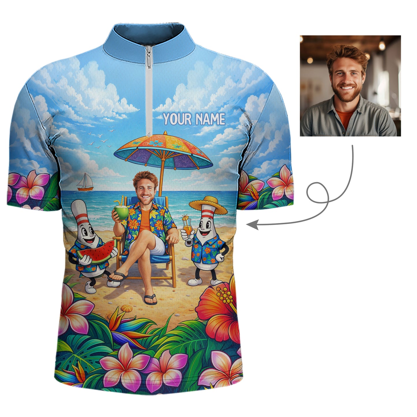 Custom Photo Funny Summer Bowling Jersey for Men Bowling Team Shirts Polo & 1/4 Zip HNT258