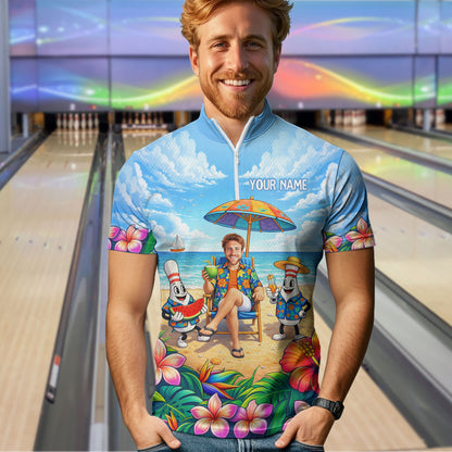 Custom Photo Funny Summer Bowling Jersey for Men Bowling Team Shirts Polo & 1/4 Zip HNT258