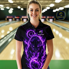 Load image into Gallery viewer, Woman wearing a black polo shirt with a purple panther design in a bowling alley.