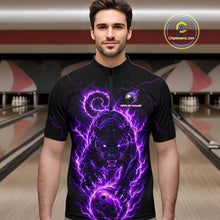 Load image into Gallery viewer, Man wearing a black and purple tiger design shirt in a bowling alley.