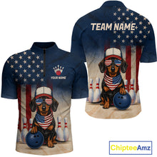 Load image into Gallery viewer, American flag-themed shirt with a dachshund graphic and customizable text on a white background.