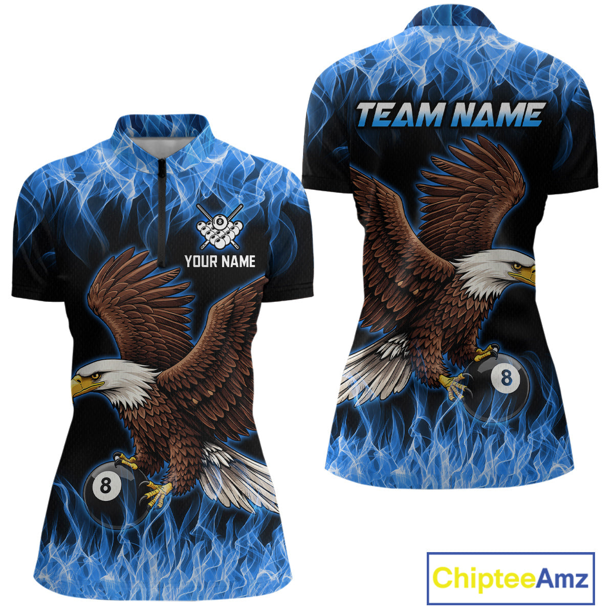 Custom Blue Flame Eagle 8 Ball Billiard Shirts for Women Billiard League Billiard Team Shirts NNT107