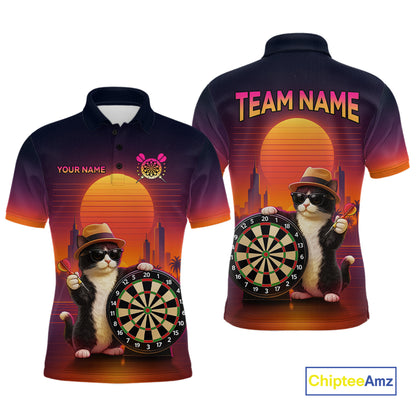 Funny Cat Retro Dart Shirts For Men Custom Dart Board Shirts Polo & 1/4 Zip Dart Jersey Team NNT124