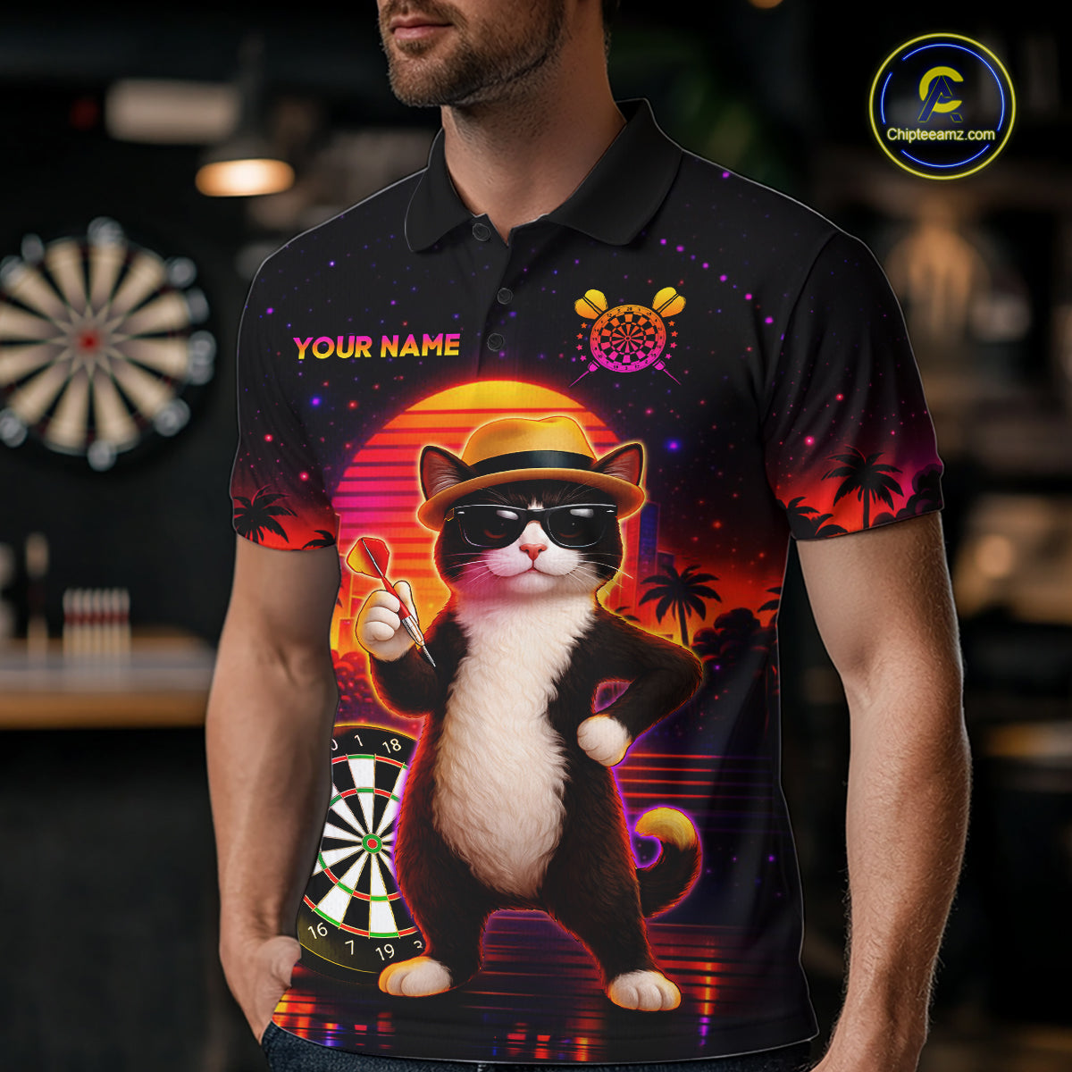 Custom Funny Cat Dart Shirts For Men Retro Dart Board Shirts Polo & 1/4 Zip Dart Jersey Team NNT123