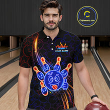 Load image into Gallery viewer, Man wearing a polo with neon blue and orange cartoon bowling ball and pin graphics, plus custom player name text.