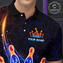 Load image into Gallery viewer, bowling polo shirt with neon blue and orange cartoon bowling ball and pin graphics, and 'Your Name' text on a dark background