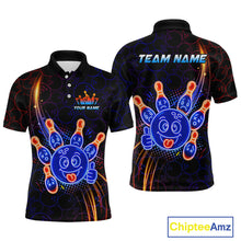 Load image into Gallery viewer, Front and back views of a black bowling polo shirt with neon blue and orange cartoon bowling ball and pin graphics, plus custom team name and player name text.