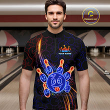 Load image into Gallery viewer, Man wearing a quarter zip with neon blue and orange cartoon bowling ball and pin graphics, plus custom player name text.
