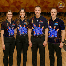 Load image into Gallery viewer, Four people wearing of a black bowling polo shirt with neon blue and orange cartoon bowling ball and pin graphics, plus custom team name text.