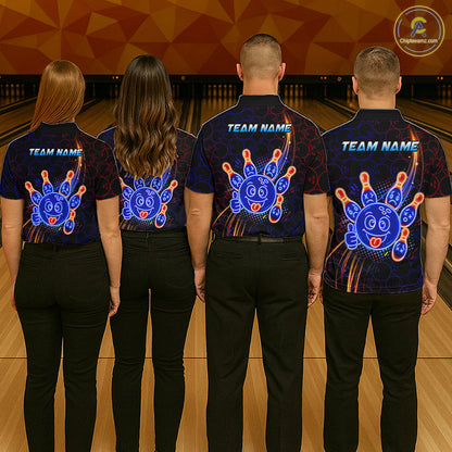 Four-person bowling team with neon blue and orange cartoon bowling ball and pin graphics, plus custom team name and player name text.