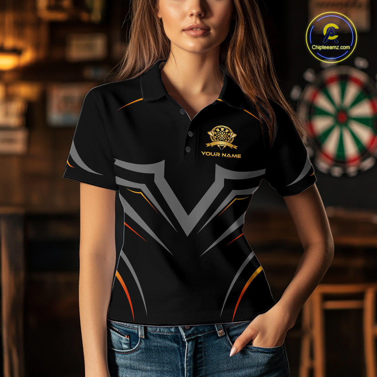 Black and Gold Dartboard Custom Dart Shirts For Women Polo & 1/4 Zip Dart Jersey Team NNT122