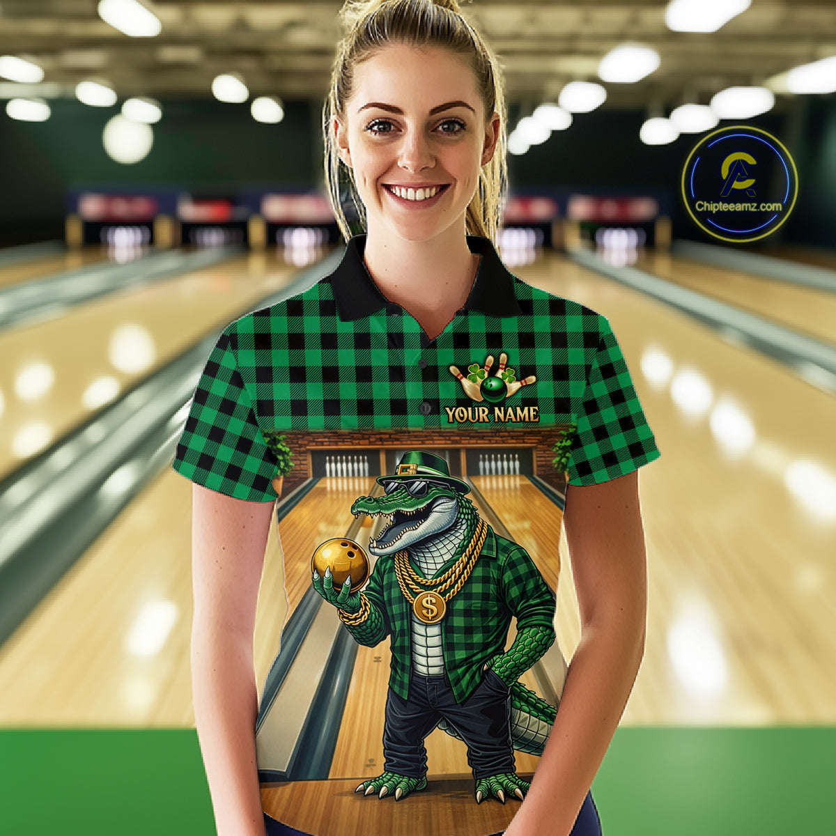 Custom Green Alligator Bowling Jersey for Women Bowling Uniform Polo & 1/4 Zip Bowling Team Shirts HNT230