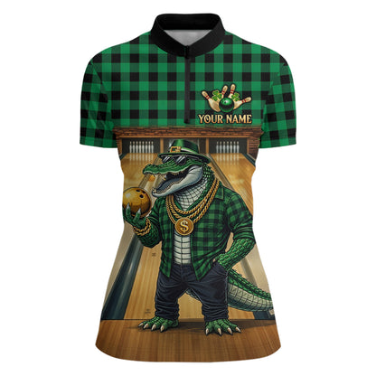 Custom Green Alligator Bowling Jersey for Women Bowling Uniform Polo & 1/4 Zip Bowling Team Shirts HNT230