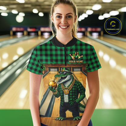 Custom Green Alligator Bowling Jersey for Women Bowling Uniform Polo & 1/4 Zip Bowling Team Shirts HNT230