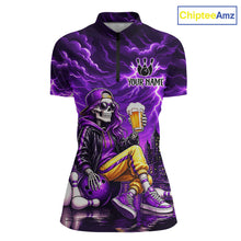 Load image into Gallery viewer, Custom Funny Beer Skull Purple Bowling Shirt for Women Bowling Team Jersey Bowling League HNT296