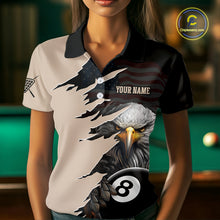 Load image into Gallery viewer, Woman wearing a polo shirt with an eagle and pool ball design in a billiards setting.