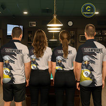 Load image into Gallery viewer, Four people wearing matching billiard shirts with team name and design in a billiard alley.
