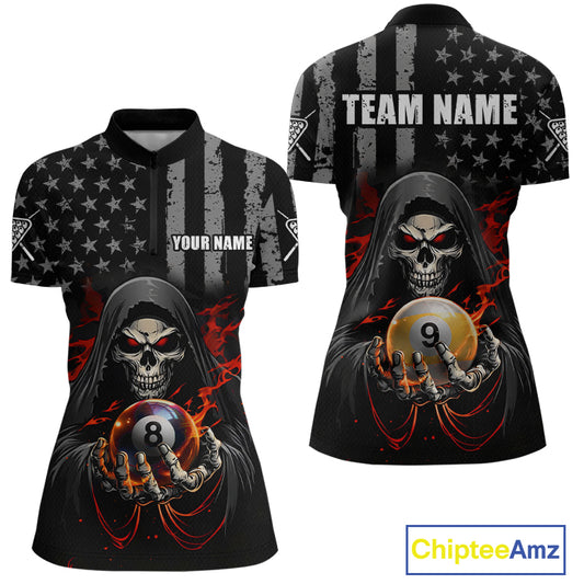 Front and back views of a black billiards quarter zip with a distressed American flag pattern, grim reaper artwork, and large 8-ball and 9-ball graphics.