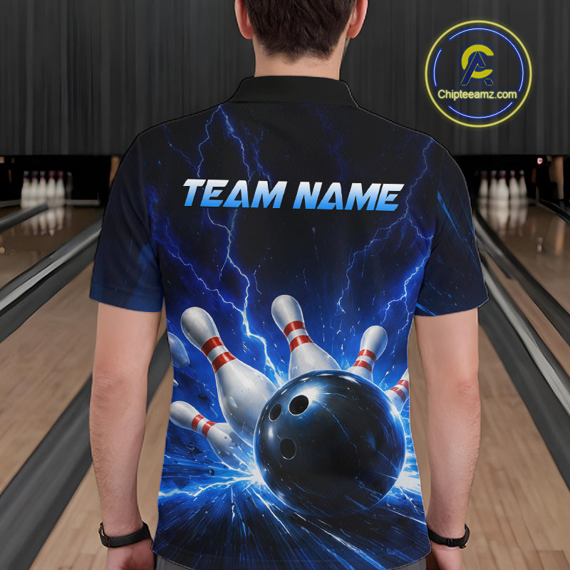 Man wearing a black and blue bowling polo shirt featuring lightning effects, a large blue bowling ball striking pins, and custom team name text.