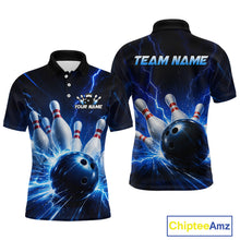 Load image into Gallery viewer, Front and back views of a black and blue bowling polo shirt featuring lightning effects, a large blue bowling ball striking pins, and custom team and player name text.