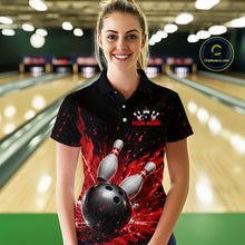 Load image into Gallery viewer, Woman wearing a black bowling polo shirt with dramatic red splatter graphics, a large black bowling ball, and flying pins, plus custom player name text.