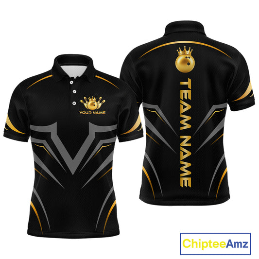 Black short-sleeve polo shirt shown from the front and back, featuring gold and gray graphic designs, a crown logo with customizable text on the chest, and vertical team name text on the back. A ChipteeAmz logo is visible in the bottom right corner.