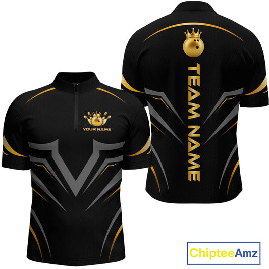 Black short-sleeve athletic jersey shown from front and back on a white background, with gold and gray graphic accents, a gold crown logo, customizable chest text, and large vertical TEAM NAME text on the back. A ChipteeAmz logo appears in the bottom right corner.