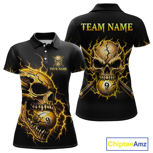 Custom Yellow Flame Skull 9 Ball Cracked Billiard Shirt for Women Billiard Team Jersey NNT195
