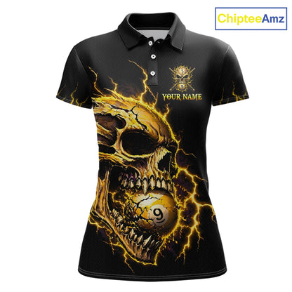 Custom Yellow Flame Skull 9 Ball Cracked Billiard Shirt for Women Billiard Team Jersey NNT195