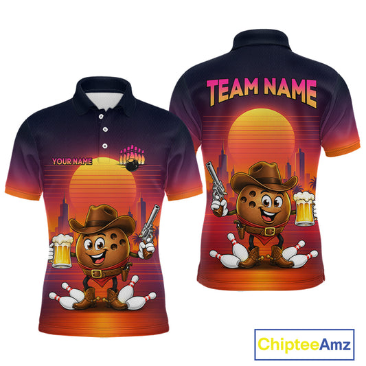 Front and back views of a short-sleeve polo shirt featuring a cartoon bowling character in a cowboy outfit with bowling pins, bowling balls, beer mugs, and a sunset gradient background. The shirt has customizable text placeholders 'YOUR NAME' on the front chest and 'TEAM NAME' on the back neck.