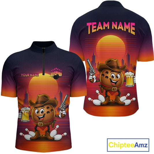 Front and back views of a short-sleeve half-zip athletic shirt featuring a cartoon cookie character in a cowboy hat holding beer mugs and bowling pins, with a sunset gradient background and customizable text areas.