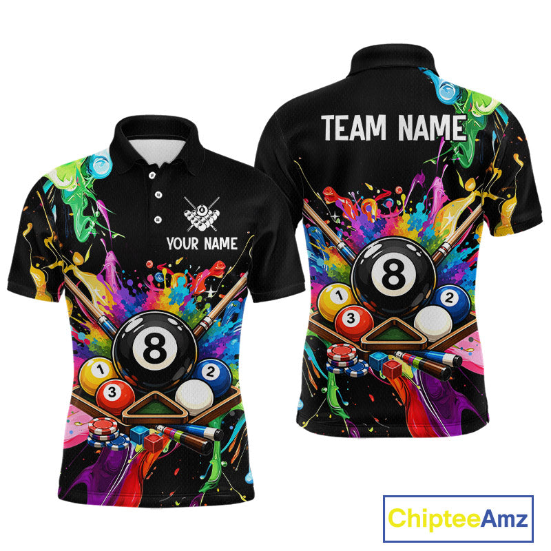 Black polo shirt with colorful pool design on front and back, featuring 'Team Name' and 'Your Name' text.