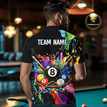 Load image into Gallery viewer, Person wearing a black t-shirt with colorful pool design and 'TEAM NAME' text, standing in a pool hall.