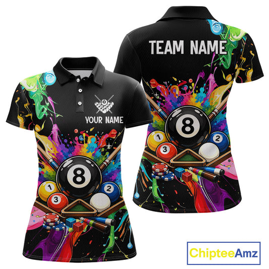 Colorful polo shirt with pool design on front and back, featuring 'TEAM NAME' and 'Your Name' text.