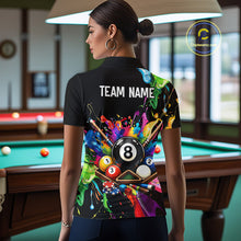 Load image into Gallery viewer, Person wearing a colorful billiards-themed shirt with 'TEAM NAME' on the back, in a pool hall setting.