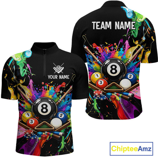 Colorful billiards-themed shirt with customizable text on a white background
