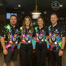 Load image into Gallery viewer, Four people wearing colorful billiard team shirts in a billiard alley