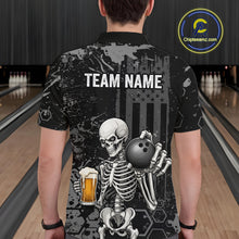 Load image into Gallery viewer, A man viewed from behind wearing a black short-sleeve collared shirt with a large back graphic. The shirt features a white skeleton holding a bowling ball and a beer glass, with the text 'TEAM NAME' across the upper back.
