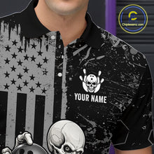 Load image into Gallery viewer, A close-up of a person wearing a black and gray distressed polo shirt with a skull-and-crossbones graphic, bowling pins, and the text 'YOUR NAME' on the chest. A circular 'Chipeamz.